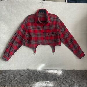 SHEIN Red Plaid Cropped Flannel Shirt